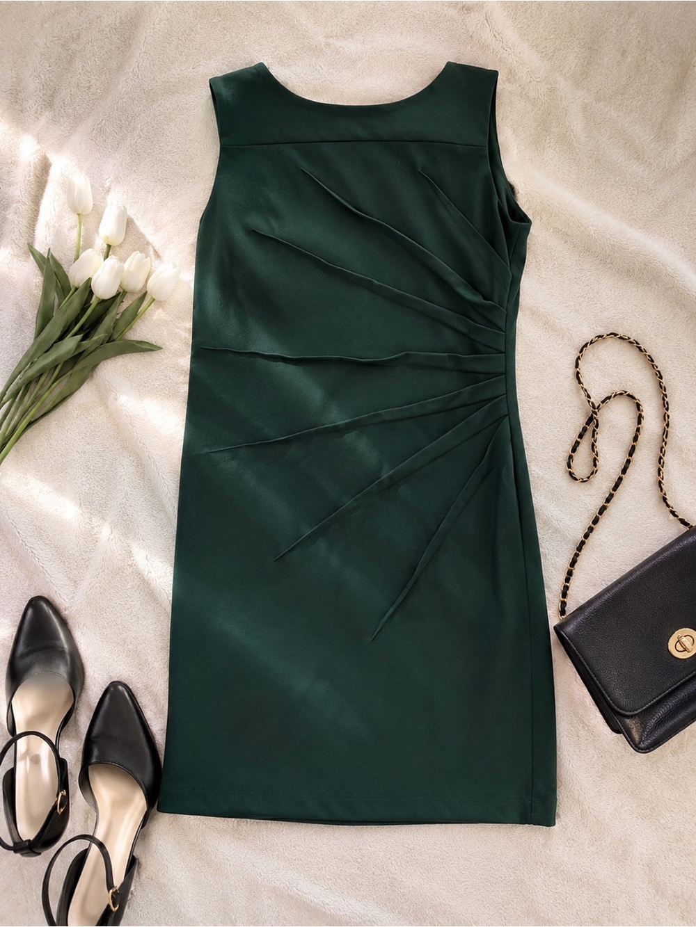 Calvin Klein Dark Green Sheath Dress Size 4 Ruched Sleeveless Cocktail Dress